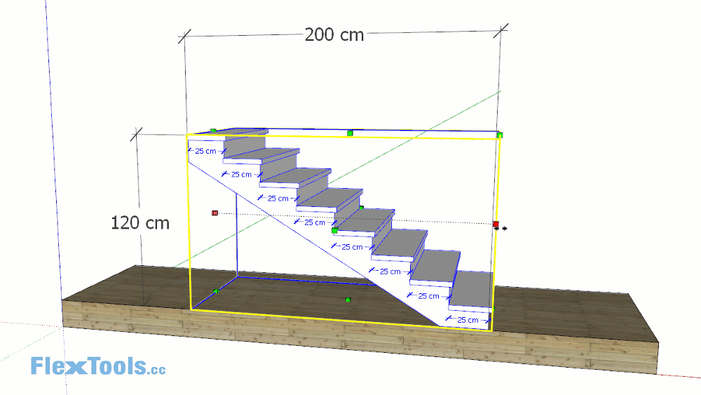 Animation of easily customizing a stair component's length and height, with a fixed total run