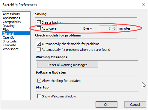 how to turn off autosave in Sketchup