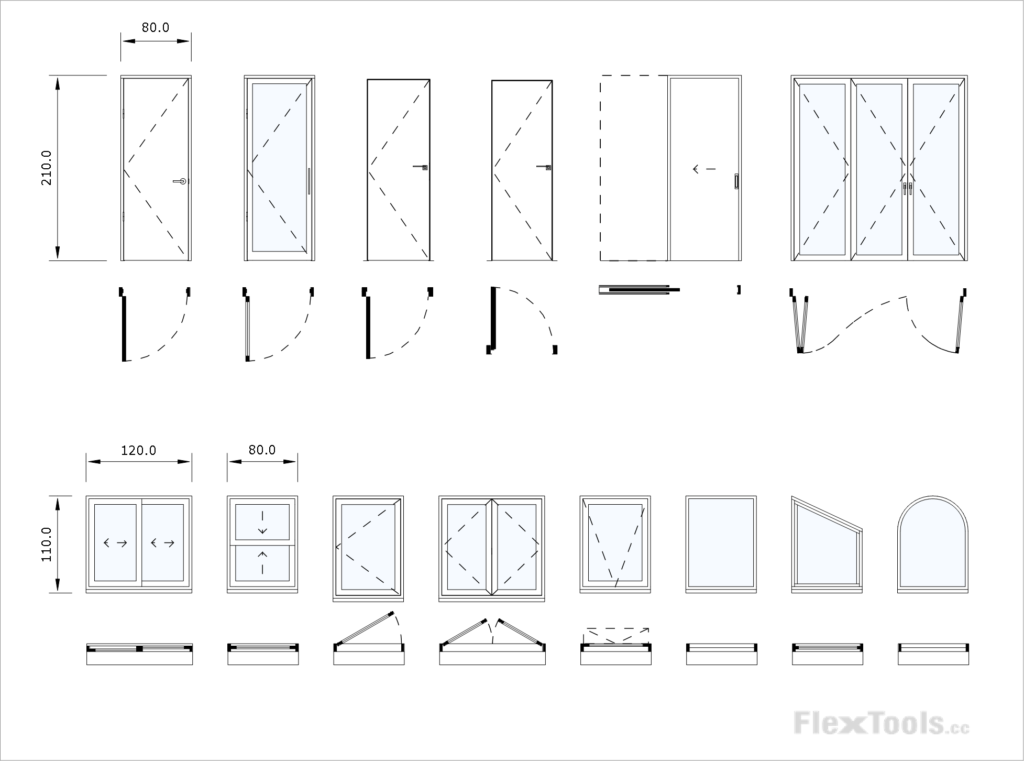 Example image of numerous door and window components shown in both plan and elevation views