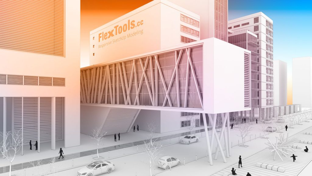 White & grey 3D model of a business building with FlexTools logo