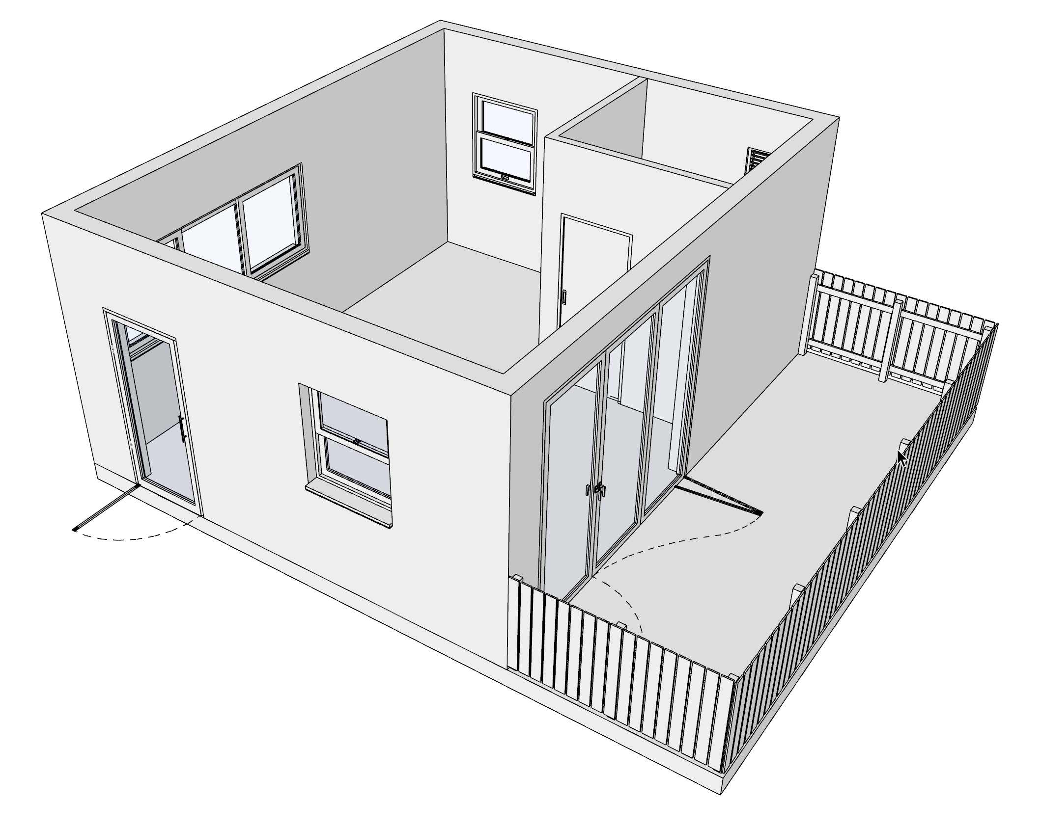 Example 3D view door arcs with '2D Plan' tag on and '2D Elevation' tag off