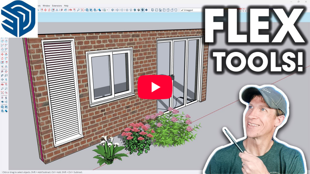 FlexTools plugin interface showing doors and windows in SketchUp.